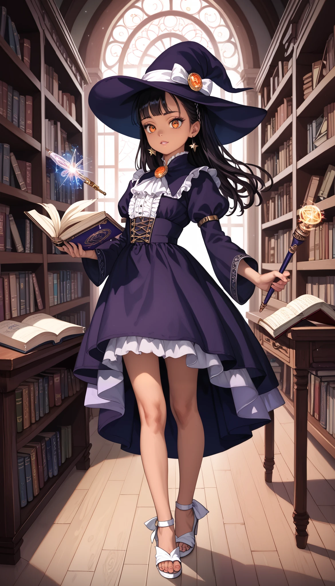 old forbidden library, high resolution, high quality, high quality, precise description, Realistic, フォトRealistic, detailed, magic bookshelf, Ancient magic book, numb books and scrolls, black leather binding, dusty light beam, rotting wooden floor, Mysterious Atmosphere, dark metal decoration, gorgeous magical light, super detail, 8k, super detailなイラスト, Sharp Shadows, 最high quality, super detailな顔, Porcelain Skin, super detailな目, super detailな唇, deep tanned skin , A young wizard holding a large magic wand in his left hand and a magic book with detailed gold decorations in his right hand, Highlight the eyes:1.3, a night filled with stars, one girl, beautiful and detailed eyes, Highly Detailed Eyes and Faces, delicate body with long eyelashes, she is wearing a large dark purple wizard-like sharp hat with a curved tip。, wearing a slightly dark purple dress, wearing white sandals, girl with long straight black hair, orange eyes, Menacing look, full body, accurate anatomy