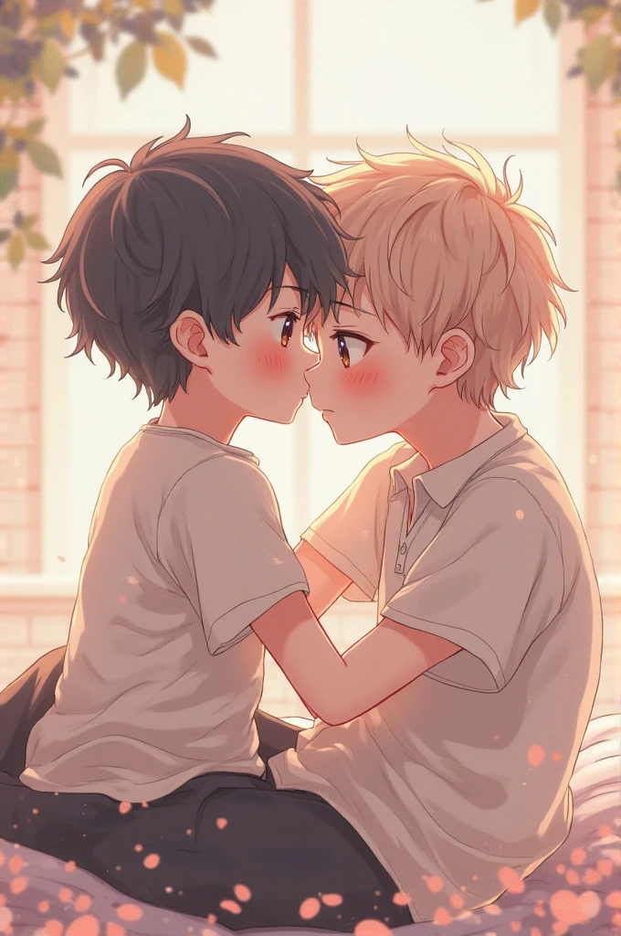 Draw two men thirteen years old, French kissing and hugging in white shirts. One of them with blonde hair with blue-green eyes, another one light brown hair with blue eyes. With background school. Make them the same height. In realistic style.