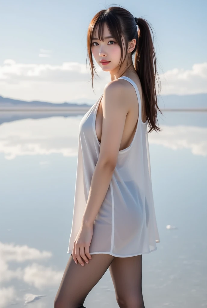 8k,highest quality、Caucasian 14 year old girl、background blur、Super high quality、sunlight、Bare shoulders、bare back、Bare buttocks、Bare feet、Fair-skinned beautiful girl、disheveled bob hair、small breasts、small breastsの谷間、clear outline、Mature atmosphere、high definition skin、Fair and beautiful thighs、small butt、The hem of her skirt has rolled up, exposing her buttocks.、Bare feetの付根、Heavenly maiden costume、short length、bold pose、well-proportioned face、A fleeting face、water droplets、Dance of the Heavenly Lady、playing in the water