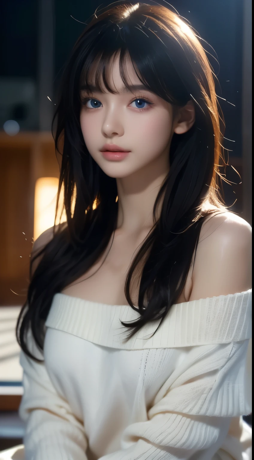 ultra high res, masterpiece, best quality, perfect glossy shiny skins, perfect lighting, detailed lighting, dramatic shadows, ray tracing, black sweater, looking at viewer, off shoulder, blue Eyes, sharp face, sharp eyes, long bangs, open mouse, ((Dark background))