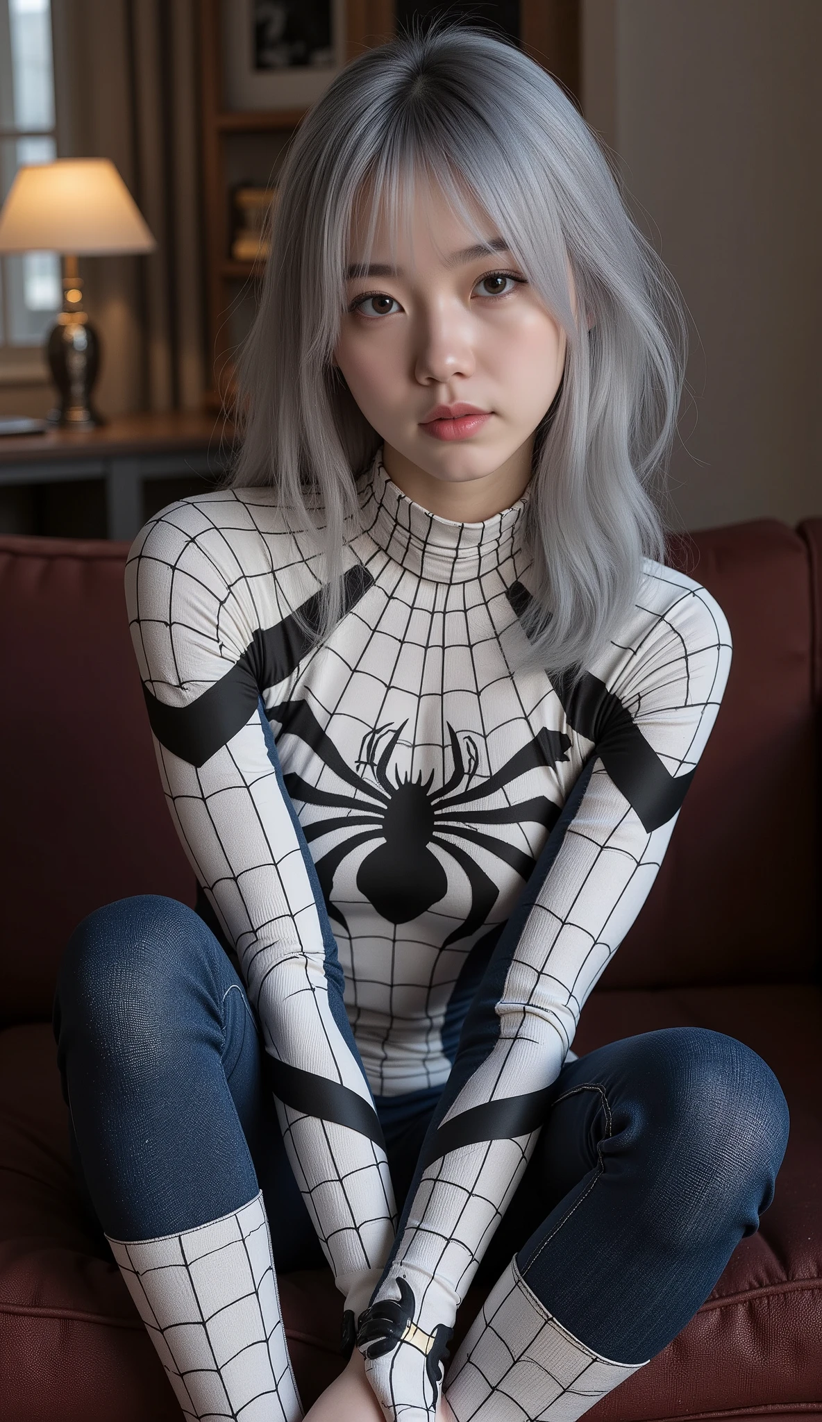 Solo, 8k, photoshoot, perfect body, perfect skin, slim body, flawless, glowing skin, beautiful face, natural makeup, super realistic, High Resolution, Masterpiece, Anatomically Correct, Best Quality, High Details, HD, High Quality, Super Detailed, 19 years old girl
(Extreme Detail CG Unity 8K wallpaper, masterpiece, highest quality), (Exquisite lighting and shadow, highly dramatic picture, Cinematic lens effect), a girl in a white Spider-Man costume, silver gray hair color, from the Spider-Man parallel universe, Wenger, Marvel, Spider-Man, sitting on the couch, sexy pose), (excellent detail, excellent lighting, wide angle), (excellent rendering, enough to stand out in its class), focus on black and white Spider-Man costumes, complex spider textures