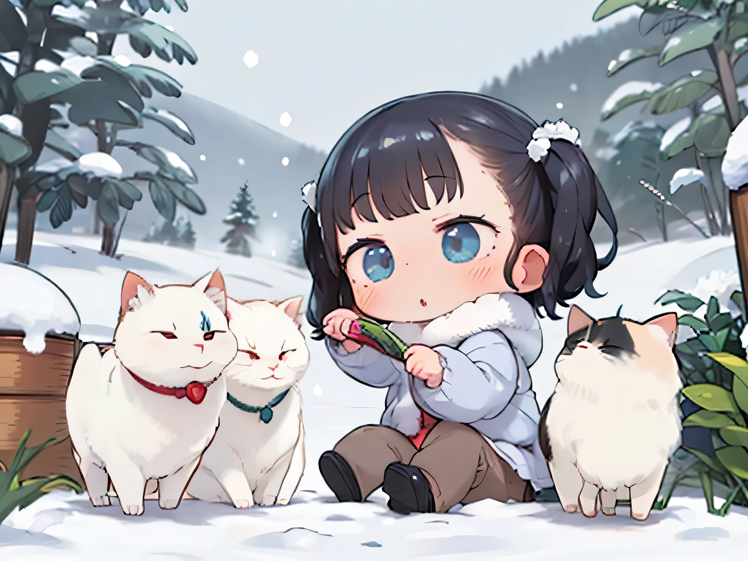 masterpiece , , cute doodle , funny, Excellent, S,Short length, curly hair , Twin Tails, bright , curious eyes , freckles, thick eyebrows, warm muffler , down jacket in the snowy mountains ,long sleeve short white t-shirt, tights, Very Short Denim Miniskirt, open fly , bbo ~,winter, Snow Scenery , pop art ,punk,bag,Journey,Playing with cats,