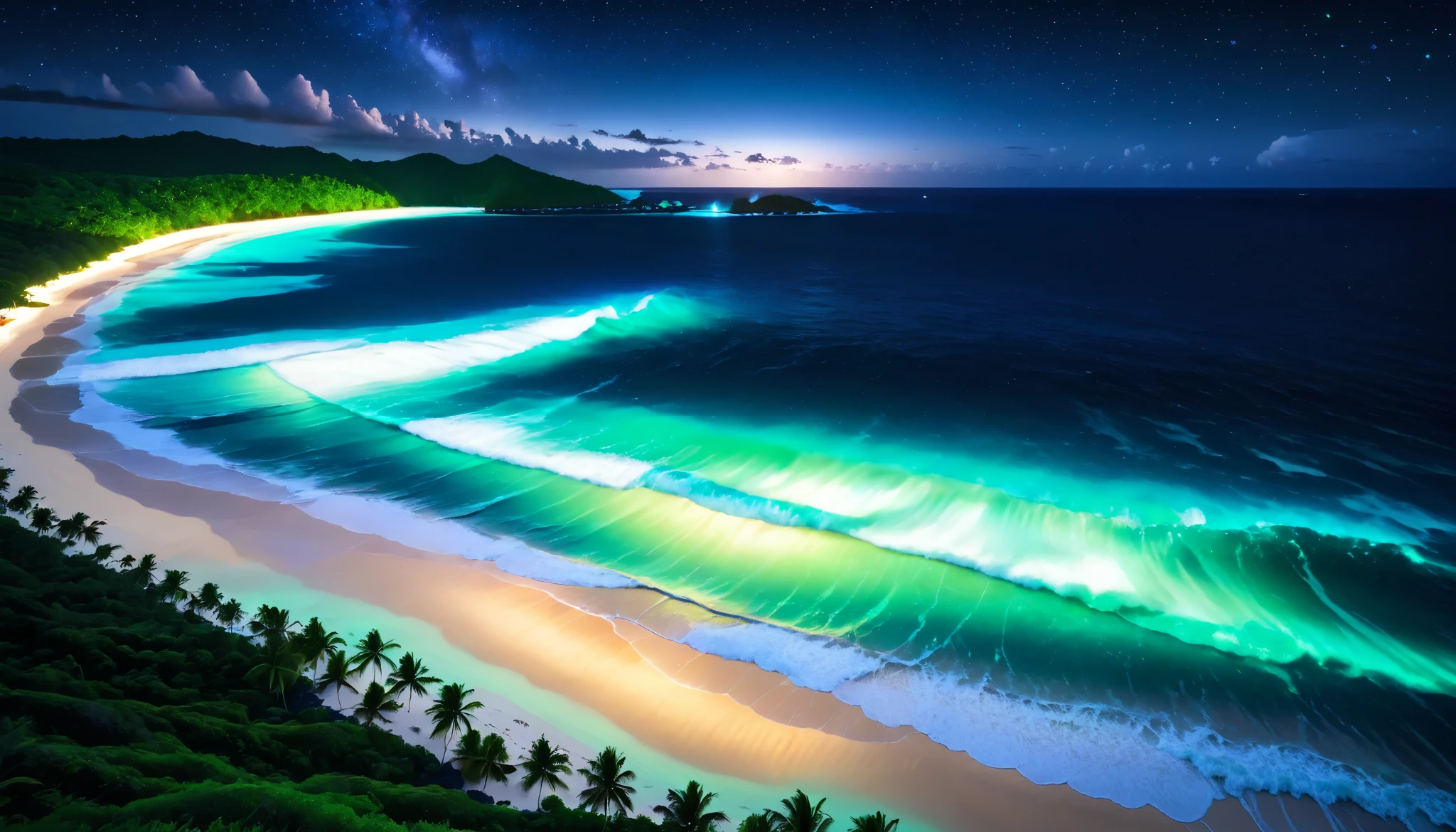 超high image quality during sick leave,high image quality during sick leave,high quality,Spectacular views at night,Tropical Beach, light green to bright green ,The ocean breeze is blowing,blue fluorescent beaches expand spectacular ocean views,Blue light shines on big waves, very mysterious and beautiful ,Glowing Waves , night light appears on waves , emits ,Biofluorescence,Various microorganisms are the light source, that shines steadily , shows all kinds of light ,Glows from blue to bright blue-green、 fiery red , Ndulu Island also has 、There are also dark purple and orange single-light beaches, Maldives,The shining Milky Way Galaxy is clearly visible in the sky,