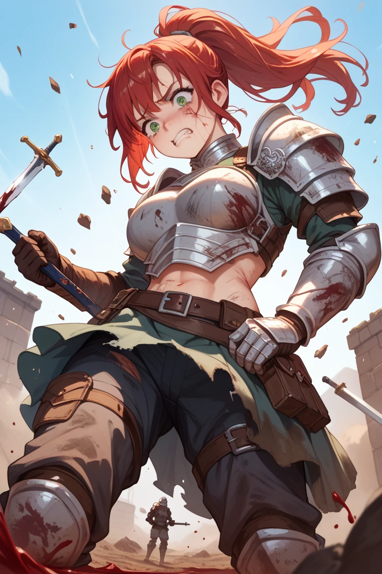 Female,curvy,red hair,orange eye,battle armour,whips,yandere,covered in blood,battle field