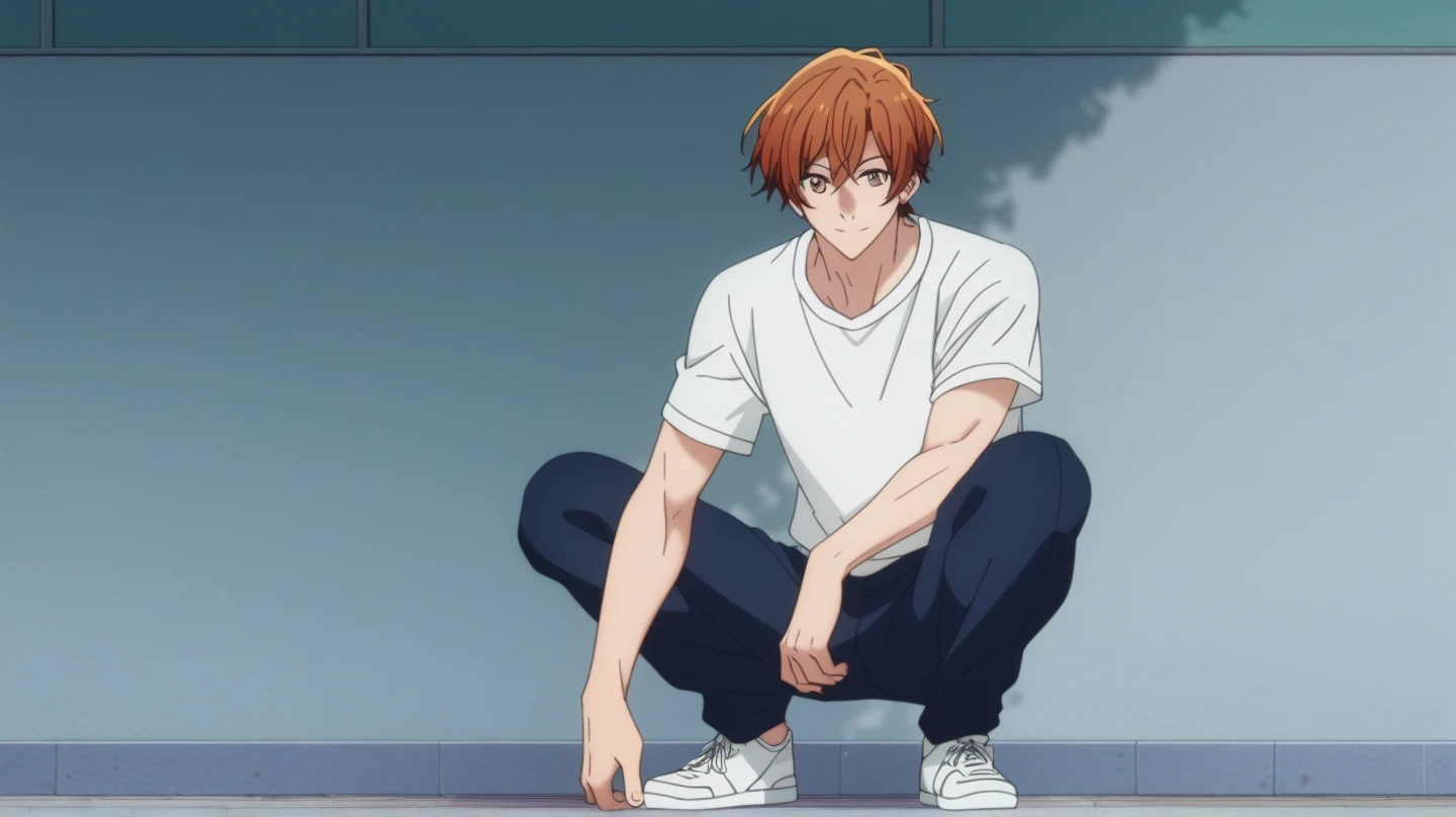 man, un man, short hair, cabello naranja, brown eyes , green school sports pants , white fitted t-shirt, white sneakers arrogant smile, crouched posture, En cuclillas, On the schoolyard , sitting on the floor, cloudy sky , gray rain clouds,Anime by Sasaki Shummei, crouched posture, from the front, Open legs