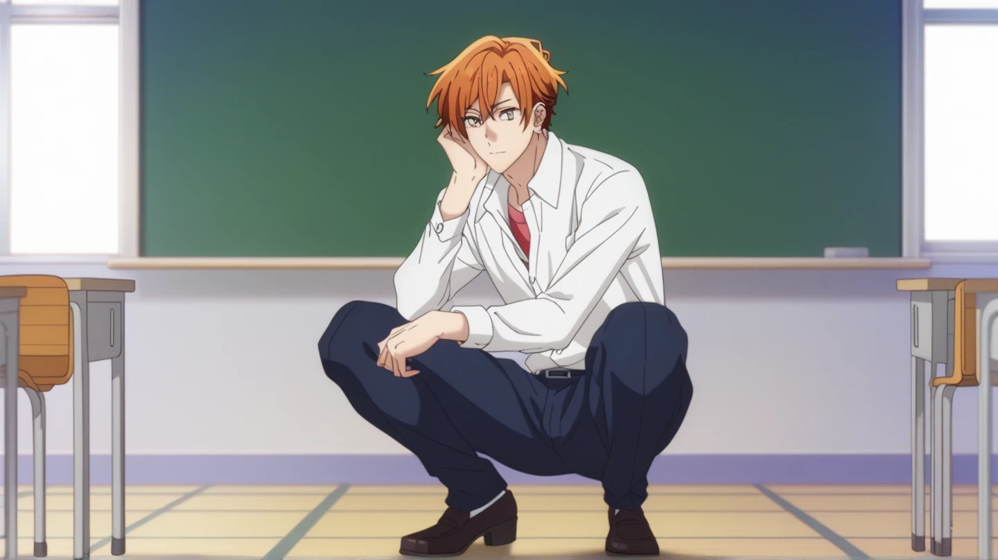 man, un man, short hair, orange hair, brown eyes , navy blue school pants, white school dRess shiRt, Arrogant smile, crouched posture, En cuclillas, in a classroom, Sitting on the classroom floor, Anime by Sasaki Shummei, crouched posture , squat pose, from the front, Open legs