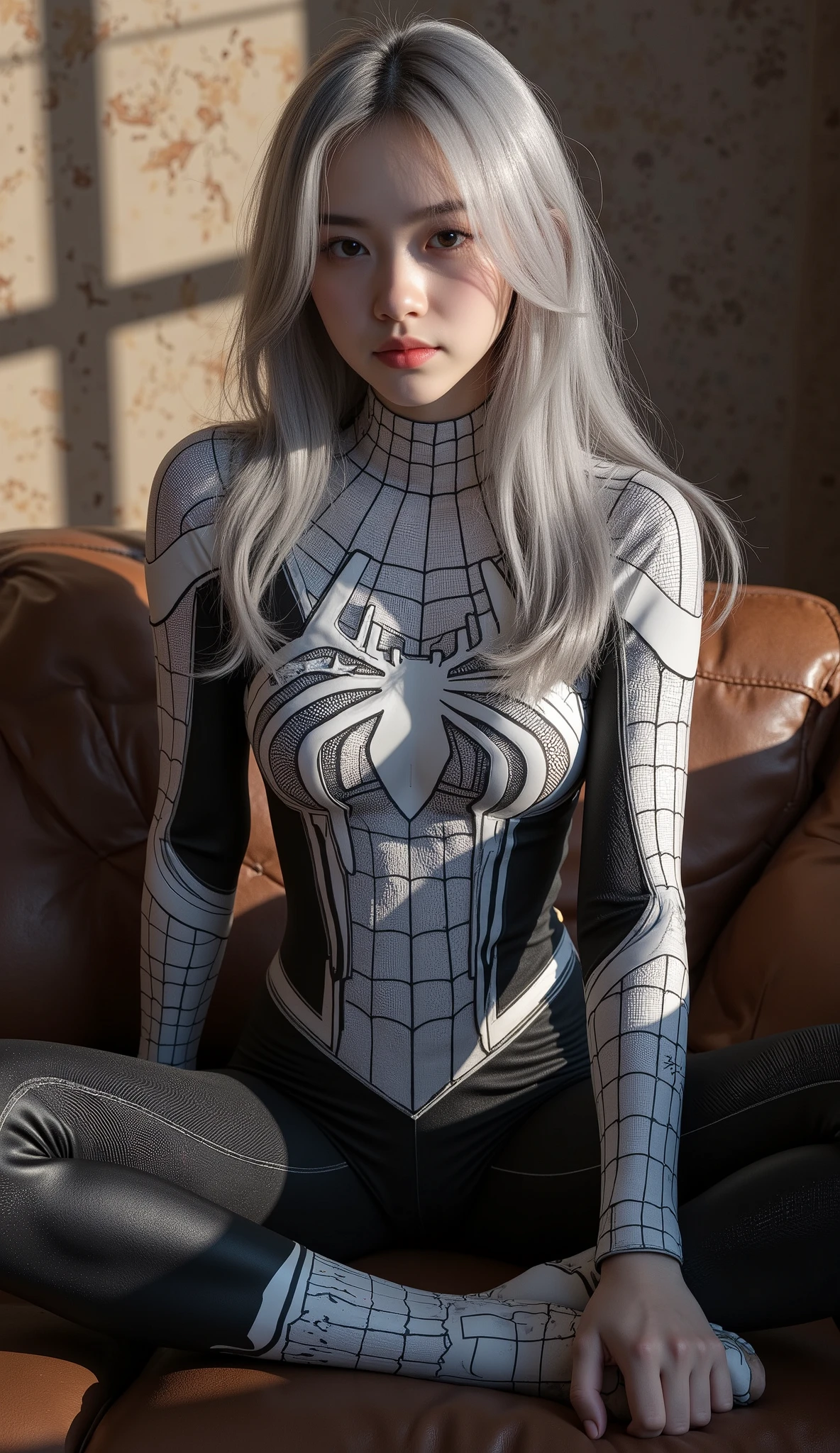 Solo, 8k, photoshoot, perfect body, perfect skin, slim body, flawless, glowing skin, beautiful face, natural makeup, super realistic, High Resolution, Masterpiece, Anatomically Correct, Best Quality, High Details, HD, High Quality, Super Detailed, 19 years old girl
(Extreme Detail CG Unity 8K wallpaper, masterpiece, highest quality), (Exquisite lighting and shadow, highly dramatic picture, Cinematic lens effect), a girl in a white Spider-Man costume, silver gray hair color, from the Spider-Man parallel universe, Wenger, Marvel, Spider-Man, sitting on the couch, sexy pose), (excellent detail, excellent lighting, wide angle), (excellent rendering, enough to stand out in its class), focus on black and white Spider-Man costumes, complex spider textures