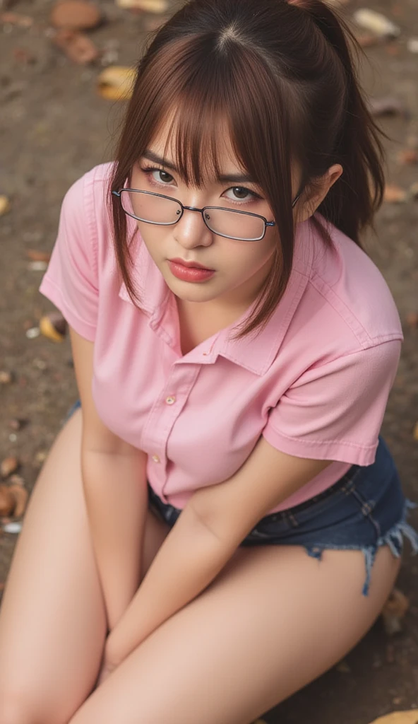 (masterpiece, highest quality, High resolution simple 35 year old Japanese woman, Wear glasses, Beautiful long shiny black hair, snappy bangs, Shining Face, Shiny skin, Written boundary depth, chromatic aberration, Caustics, natural shadows,  kind, smile, Small devil,Cute face, Thighs, Film Grain, chromatic aberration, Sharp focus, Face Light,  Detailed face, Background blur, Huge breasts, Slender body, Feminine and understated outfits for spring, Flushed face, He is sticking out his tongue and licking a transparent, invisible tube with gusto., Squat with your legs wide apart, Back alleys of Shinjuku, Full body portrait, Top-down angle, Taken at the best angle