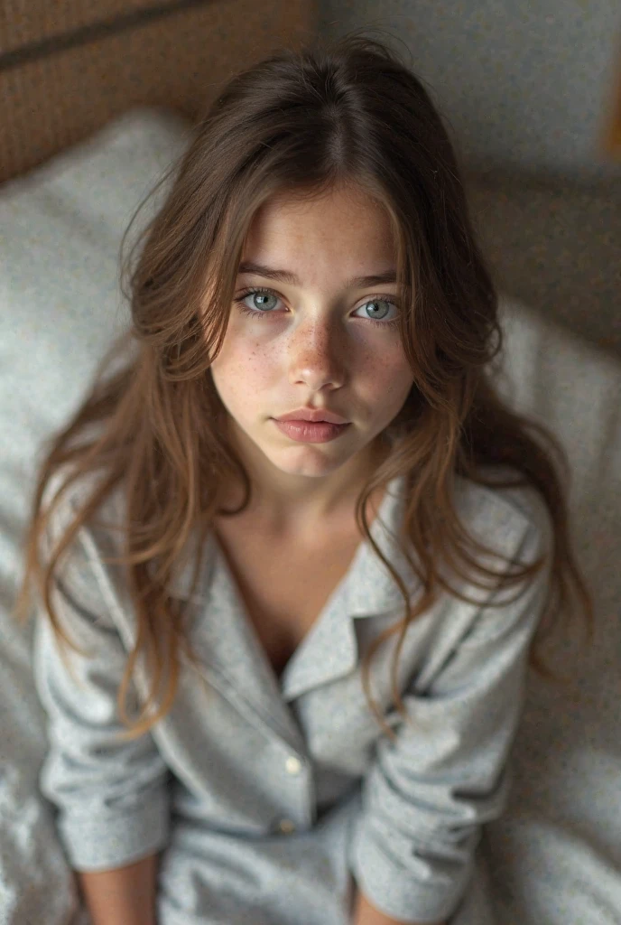 Best quality, hyperrealistic, details, 8k, ager, fifteen years old, shy, sad, paleness, big blue eyes, very white skin, small nose, short brown hair with bangs, white nightgown, room, melancholy, Beautiful