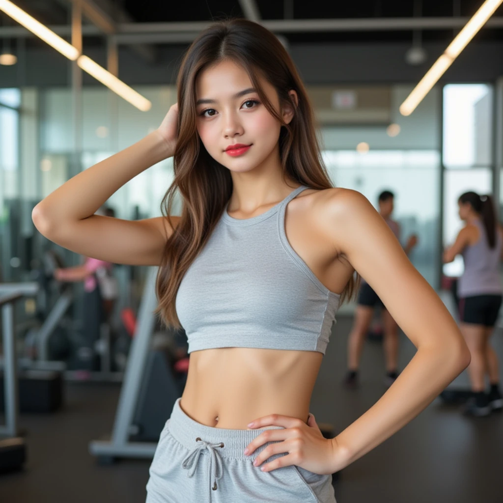 Pink sports bra、I can see my belly button、leggings、Training Gym, looking at viewer、wearing hijab