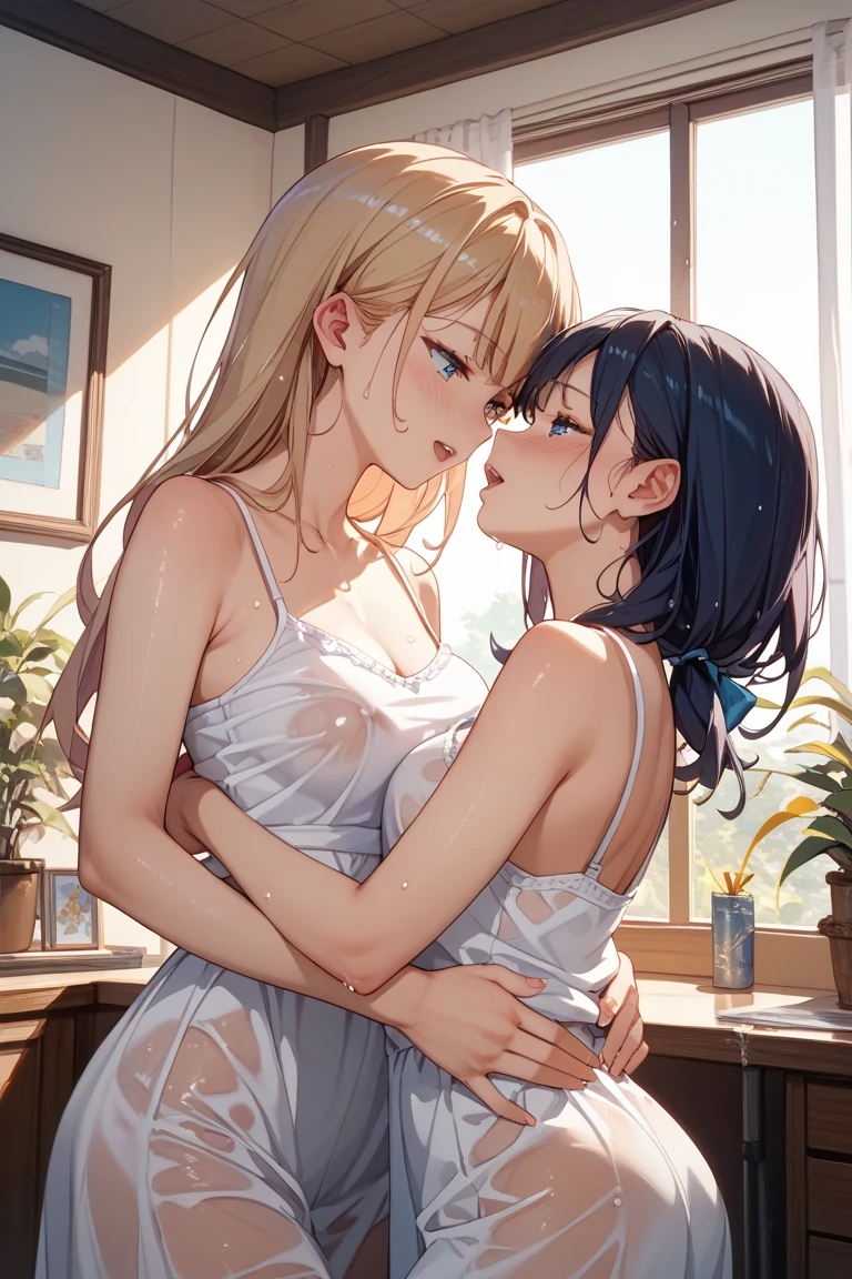 NSFW、(Anatomically correct、Masterpiece、Highest quality、Tabletop、Detailed construction)、(((Two beautiful girls, one with silver hair and the other with blonde hair and dark skin.)))、White shirt、(((Lesbian、Deep Kiss、お互いのTouching the crotch)))、(((Sweat)))、(((body fluid)))、(((Body odor)))、(((pussy)))、(((Love juice)))、(((Touching the crotch)))、((Pubic hair))、((((Completely naked))))