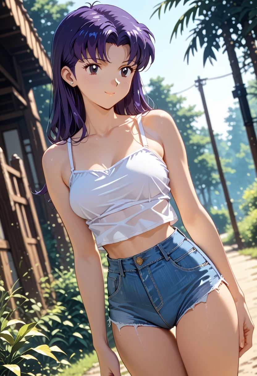 masterpiece, best quality, 1girl, beach, sitting on a beach towel, short hair, glasses, t-shirt, shorts, cap, blush, summer, soda can, bag