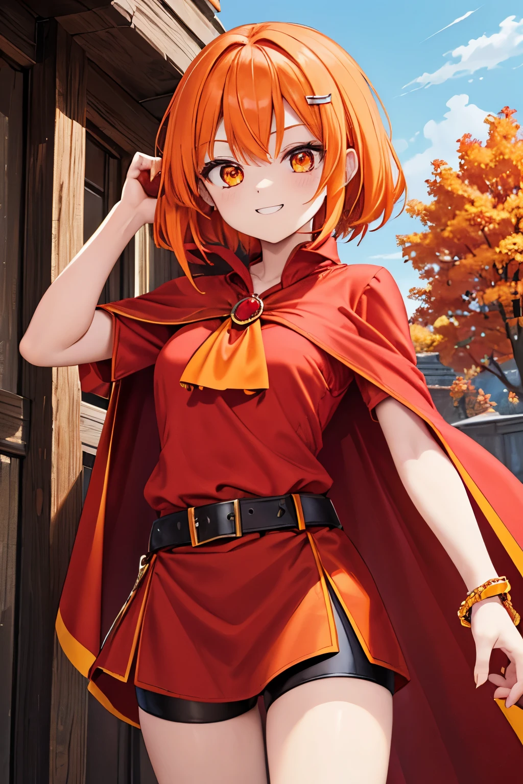 Anime girl in red cape and black shorts walking down a street - SeaArt AI