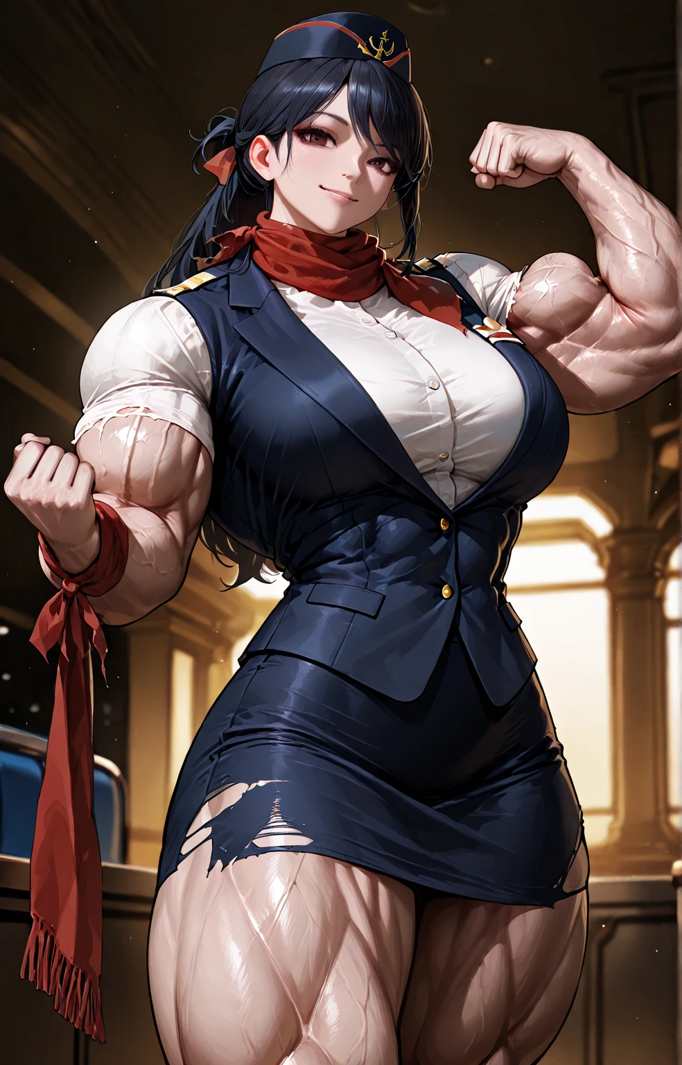 ((Massive, beautiful, buff, pale white skinned muscular asian woman with red hair, yellow eyes, black lipstick, ginormous bulky muscles)), ((close view)), ((((long sleeve military overcoat)))), ((long sleeve military overcoat)), necktie, blazer, ((((military officer uniform)))), (((waistcoat))), (((military officer uniform))), (((pencil skirt))), (((pencil skirt))), tie clip, pocket square, cloves, (pantyhose), high heels, (close view), massive muscles, hyper muscles, long hair, in a military base,