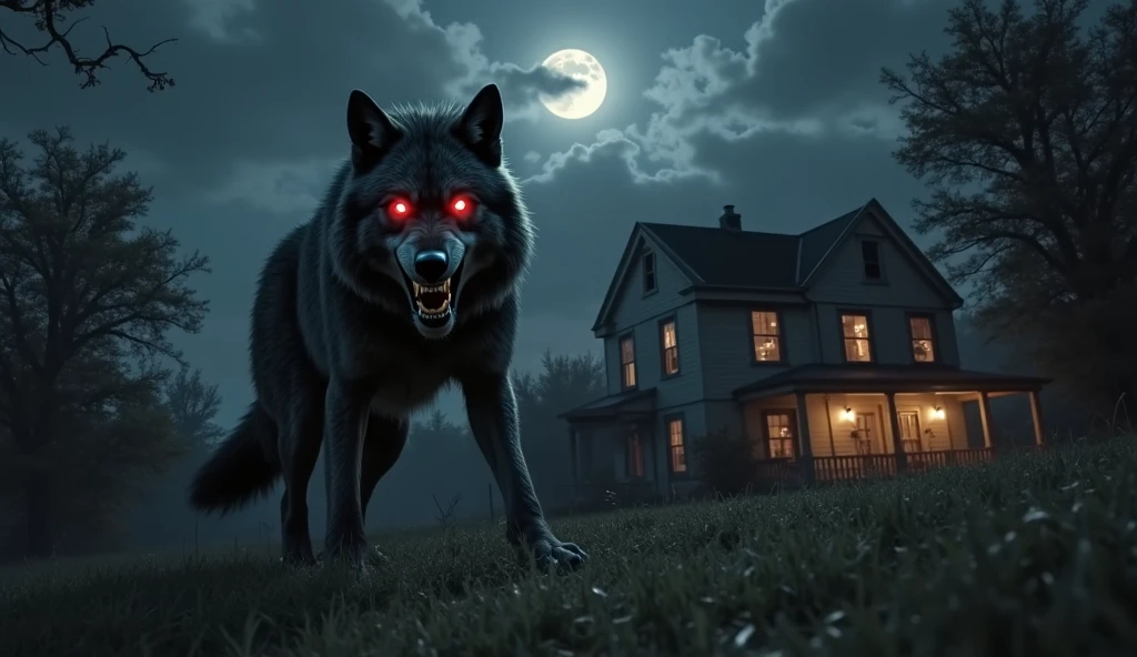 ((Horror movie scene of a Wolfman eating a person death body)), gore, NFT card framed, all blue wolfman and yellow moon, night scene, red blood, 4D texture, 8k quality, photorealistic