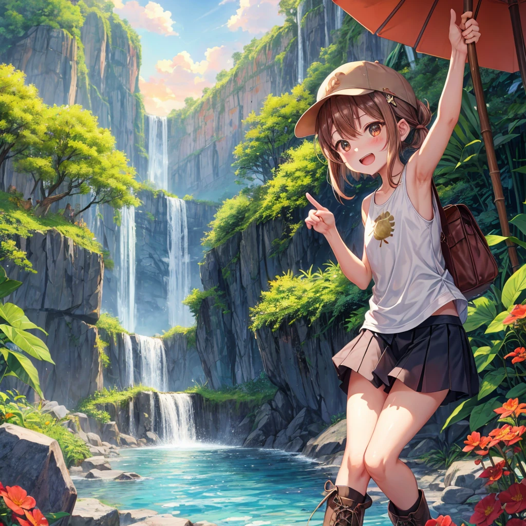 , adventurer, Indiana Jones clothes, hat, torn clothing, pissing in water, half-naked, in river, catched, jungle, waterfall, high quality, 4k