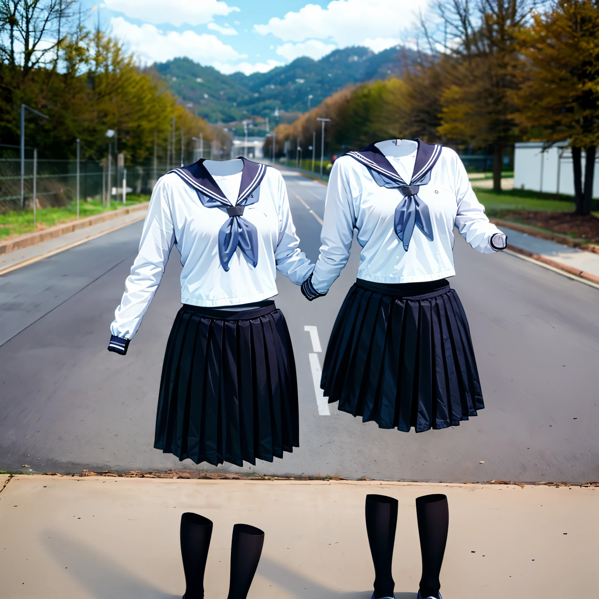 school clothes, stripe tie, plaid skirt, cardigan, chubby, fat, black tights, (invisible, no humans, headless, faceless:1.5), cute big breasts, (8k, RAW photo, best quality, masterpiece:1.2), (realistic, photo-realistic:1.37), photon mapping, radiosity, ((Hasselblad photography)), physically-based rendering, detailed cloth texture, 1girl, chitanda eru, school uniform, white shirt, white socks, pleated skirt, bangs, black sailor collar, neckerchief, black skirt, long sleeves