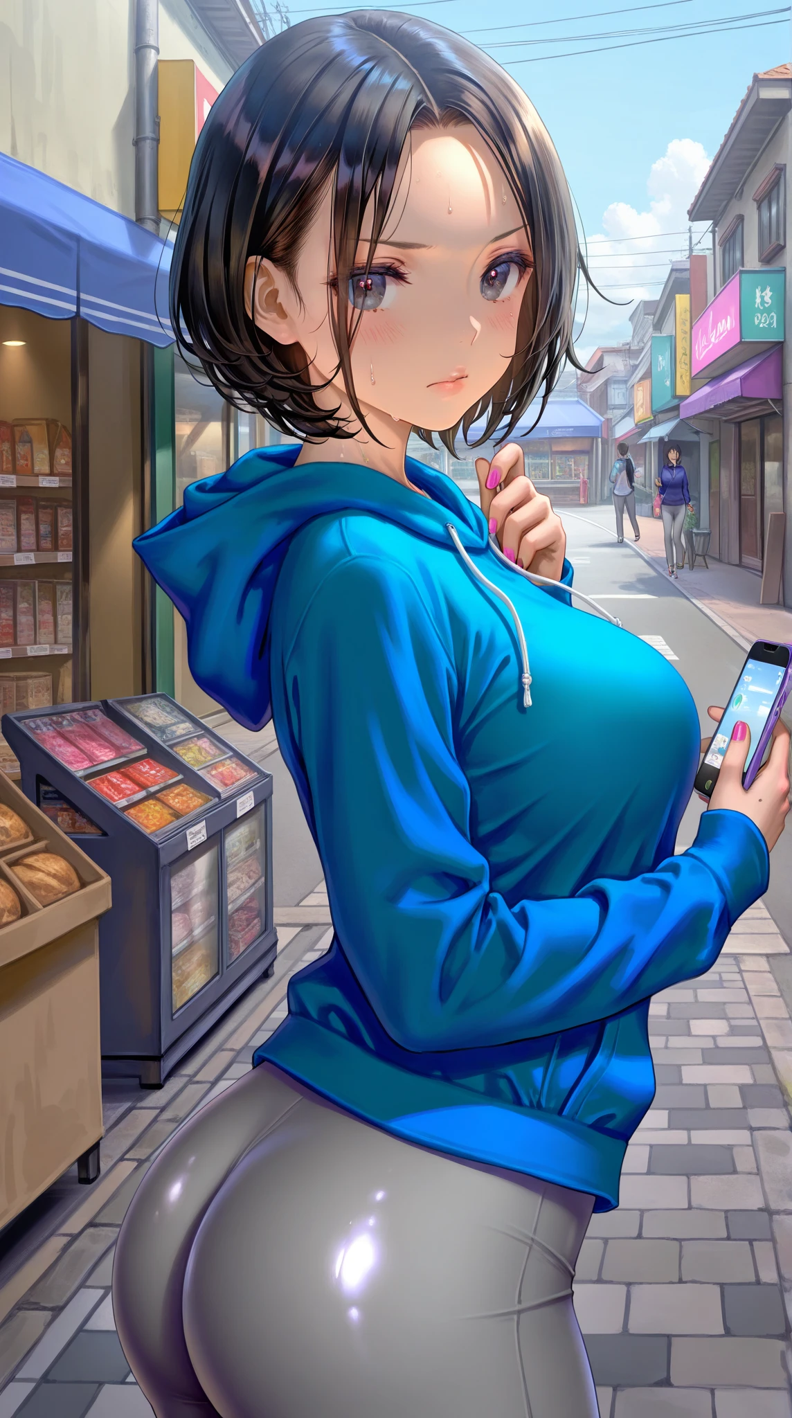 (((one naked girl with annoyed face is reading a magazine))), naked girl with large breast and nipple and pussy and thigh and short black hair and and blue eye and headband and pink lipstick and wristwatch is in convenience store, crowd of random men wearing shirts and pants in the background,