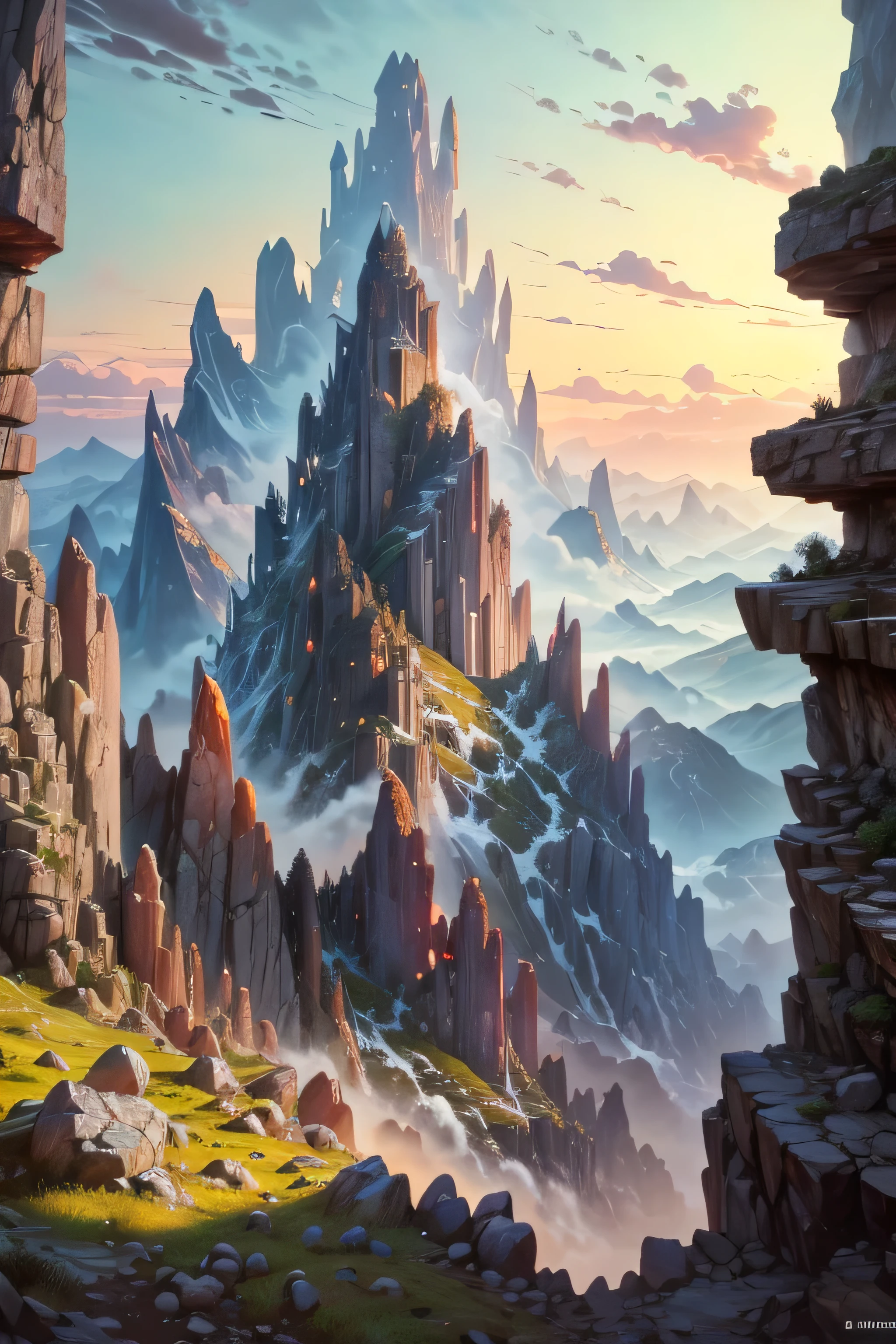  masterpiece,  the highest quality , landscape, Close to the sky ,  rocky area with grass ,   beautiful sky and rocks in the distance. Rock aventura landscape.  Top quality ,  masterpiece,  Detailed. 