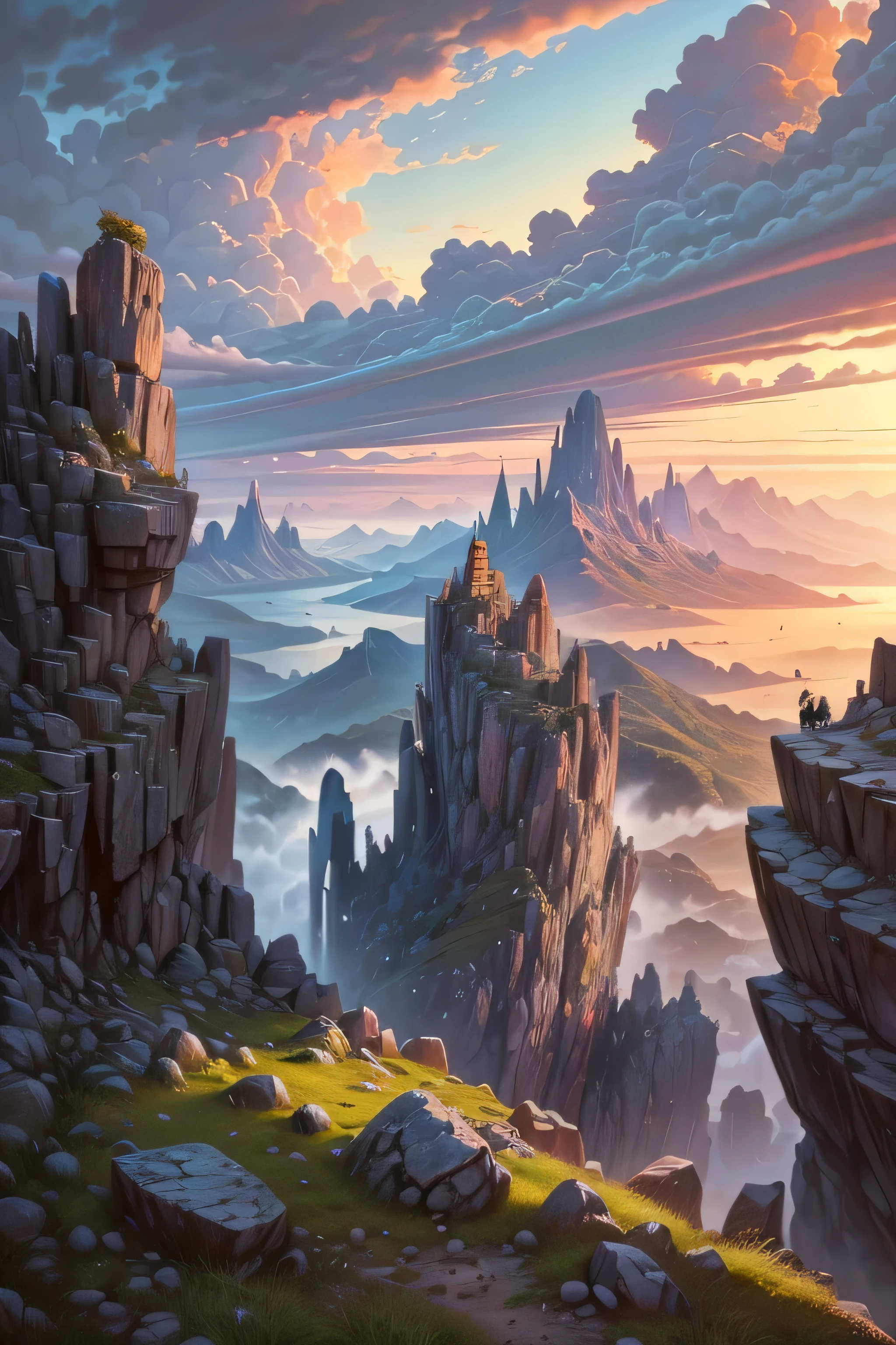 masterpiece, the highest quality , landscape, Close to the sky , rocky area with grass , beautiful sky and rocks in the distance. Rock aventura landscape. Top quality , masterpiece, Detailed.