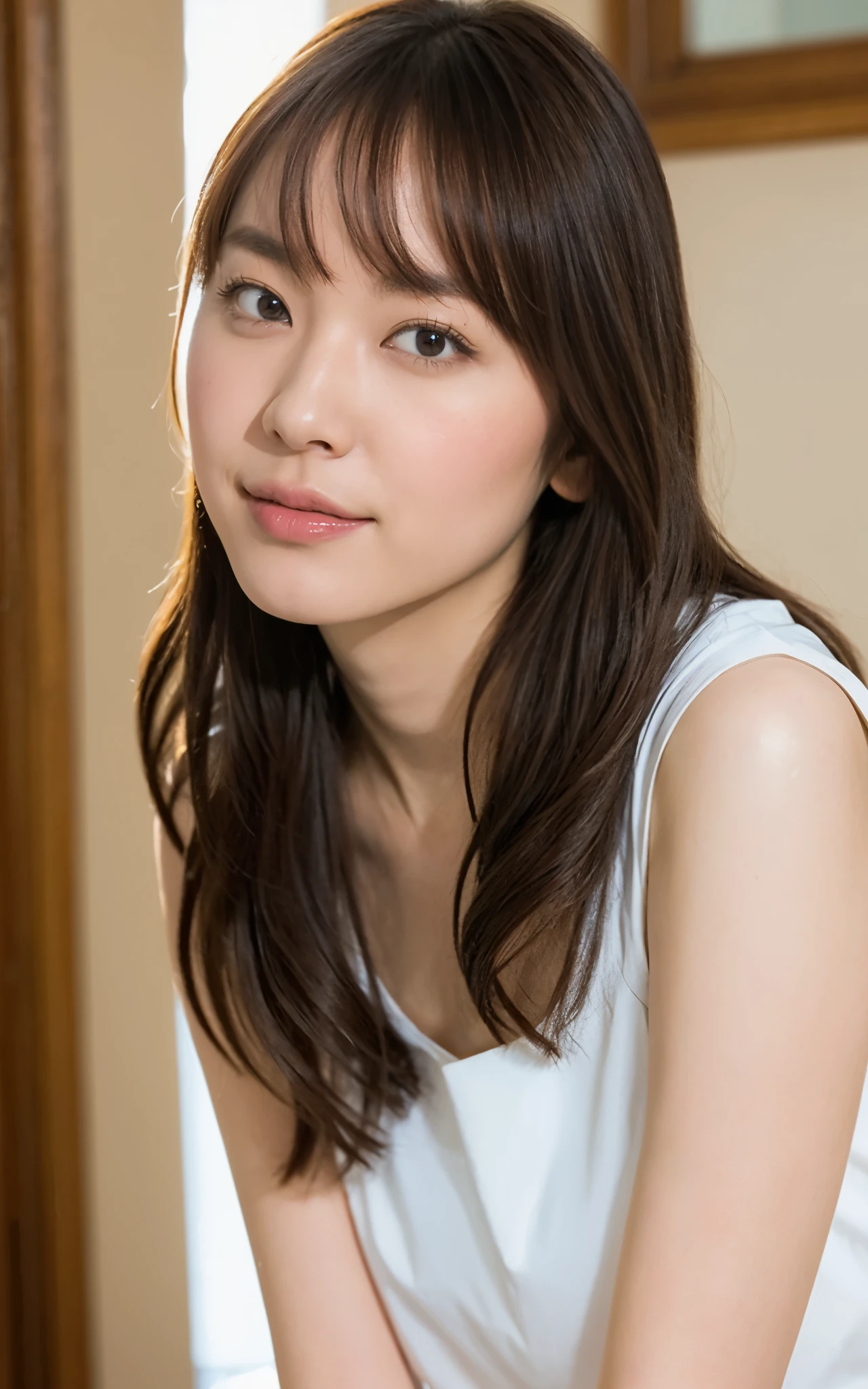 (8k, RAW photo, top quality, masterpiece: 1.2), (realistic, photorealistic: 1.37), super detail, ultra high resolution, one girl, beholder, beautiful detailed face, smile, constriction, (slim waist): 1.3), shirt, beautiful detailed skin, skin texture, floating hair, professional lighting, big breasts, kind eyes, white sleeveless, peering,sexy
