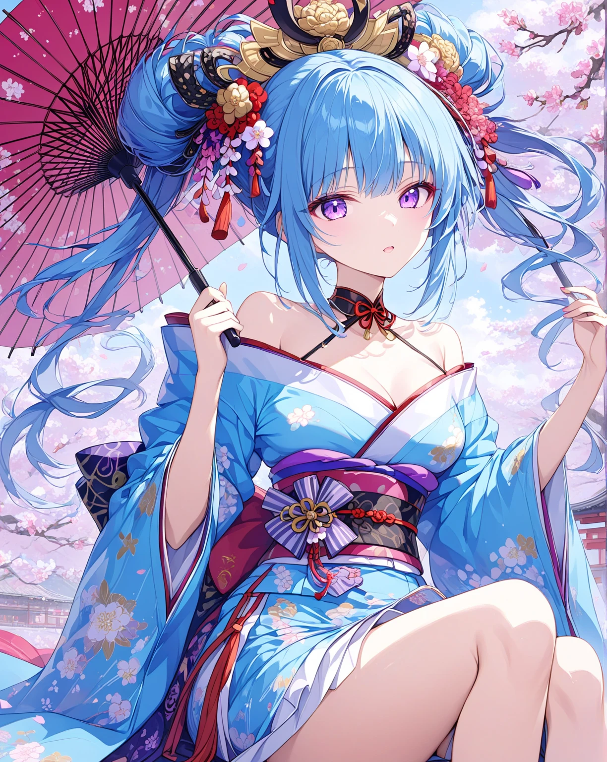 (absurderes、hight resolution、ultra-detailliert)、1girl in、Beautiful woman、Pink twin-tailed hair、length hair、Blue eyes、Red kimono、finely eye and detailed face、the Extremely Detailed CG Unity 8K Wallpapers、intricate-detail、BREAK、kaleidoscopic imagery、Symmetrical pattern、vivd colour、Geometric shapes、mesmerizing designs、optical illusion、Dynamic Composition Breaker、pantomime art、expressive body language、Quiet storytelling、evocative gestures、 visual narratives、Play Break Ha、blooming flowers、Multicolored petals、fragrant scents、nature's bounty、vibrant gardens、Tranquil landscape