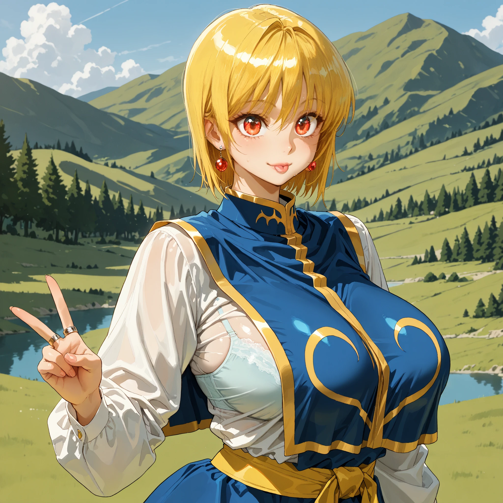 amazing quality, VERY BEAUTIFUL , absurdres, up to date, landscape, Highly detailed , high res,Close-up portrait,fair skin, Smooth texture , pink lips ,V logo,A hand, Focus on the theme ,Sharp focus,Medium Depth of Field,Smile, with underwear ,From the side, clear lines , Smooth Lines ,Sharp,( best quality , 8k , masterpiece , incredibly absurdres , beautiful woman , perfect body , super detailed skin , highly detailed eyes and face ) ,beautiful shiny lips, upper body, ,high fashion, dramatic lighting, warm colors, chiaroscuro, beautiful eyes,long eyelashes, large_breasts, mature_female, huge_breasts, bob hair,hair fluttering, japanese, stunning,stylish, perfect breasts,large breasts)), fit,seductive face, Kurapika, blonde hair,very (huge breasts:1.3), (long breasts:1.5), saggy breasts,masterpiece, Muscular、(sexy)、Sweaty,Anime-style painting style,shiny skin,earrings glossy lips, (focus on woman),  loose clothing,blue tabard, chest-length tabard,((gold trim)), white shirt, long sleeves, puffy skirt, bright blue skirt,long skirt, gold piping on skirt,((Skirt and tabard are the same color)),((simple yellow wide waist belt),(gold tarim on the edge of the skirt), rings on the right hand, ((breasts curtain),brown tights, kakkoii, pin heel ,grey eyes, A park with a fountain, sunny day ,breast curtain,retro artstyle,1990s,sanpaku,bra visible through clothes,Mouth closed, tongue sticking out slightly,bra visible through clothes,