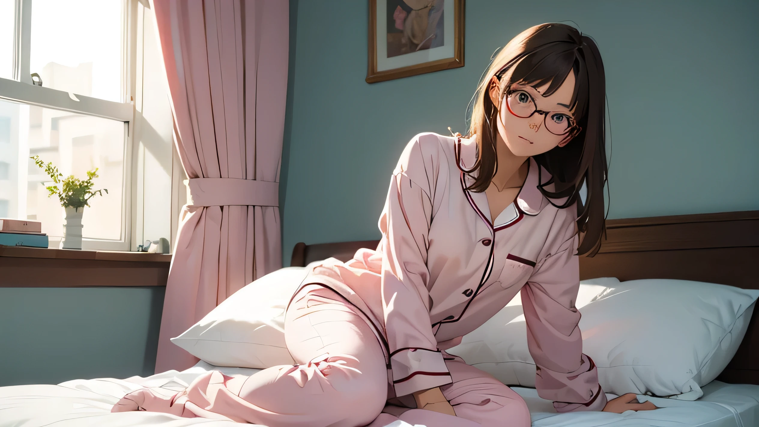 A young anime-style woman sitting on a bed wearing pink pajamas. She has medium brown hair and wears glasses. Her expression is soft and thoughtful. The room has a cozy atmosphere, with natural light coming through the window behind her. There is a bookshelf in the background, and the bed has pink sheets. The illustration style is detailed and realistic, with soft colors and a tranquil vibe