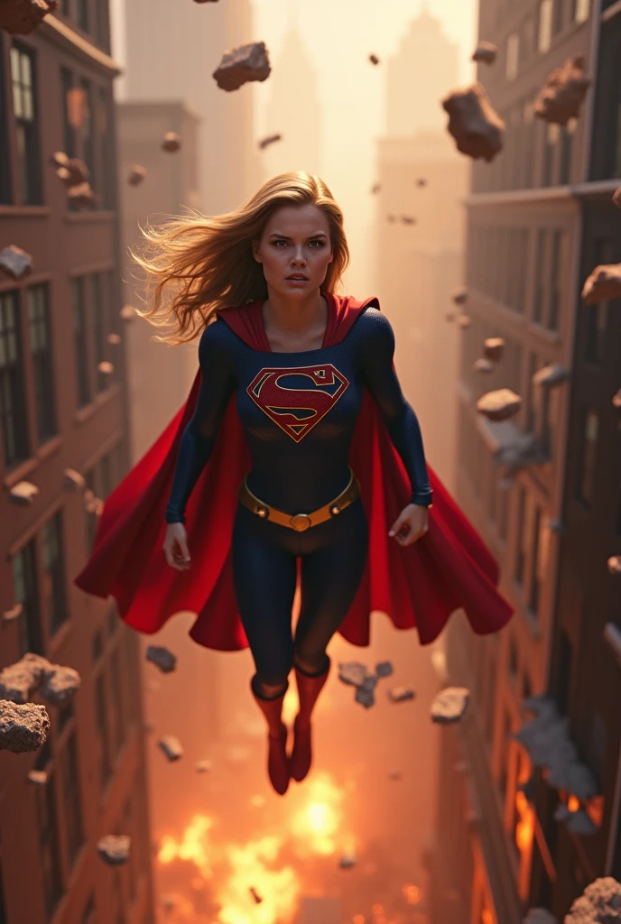 superhero woman resembling young Jennifer Aniston in flight, rushing to help