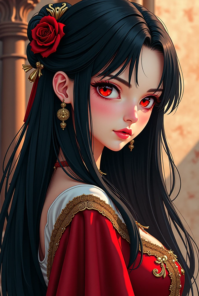 (masterpiece:1.4),(best quality:1.4),(anextremely delicate and beautiful:1.2),Beautiful and detailed eyes and face,1girl, black_hair, flower, japanese_clothes, looking_at_viewer, red_flower, solo,fashi-g,half-body,Cleavage,semi-,lagre breasts,No bras, breasts out,
