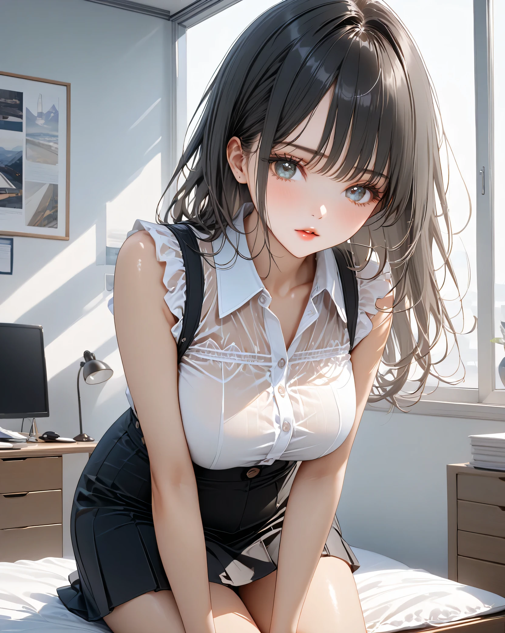 Girl seen from the floor, It's okay to wear a skirt, View from below, I can see my panties, medium breasts, ((Very detailed)), (Perfectly detailed face), (Highly detailed hands), Photorealistic images,White panty,up skirt,Lace panties on top of a huge