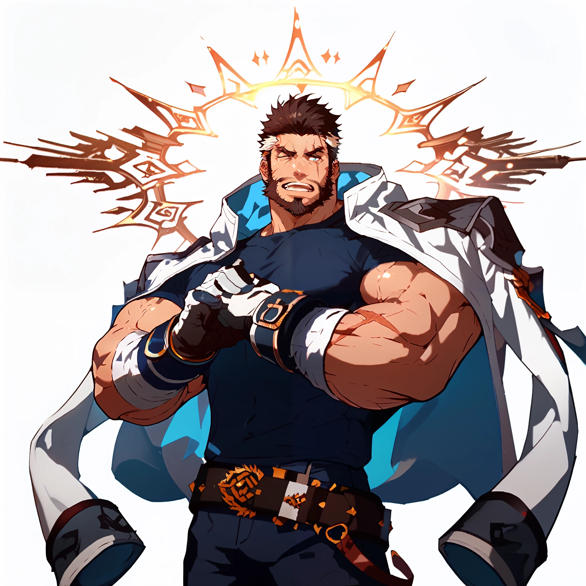 Score_9, Score_8_up, Score_7_up, Highly Detailed, fine details, White background, 1 boy , 's only, mature male, short hair, Colorful Hair, white streak, Gloves, jacket, nipple, scar, biceps , beard, jacket on shoulders, manhood ,
