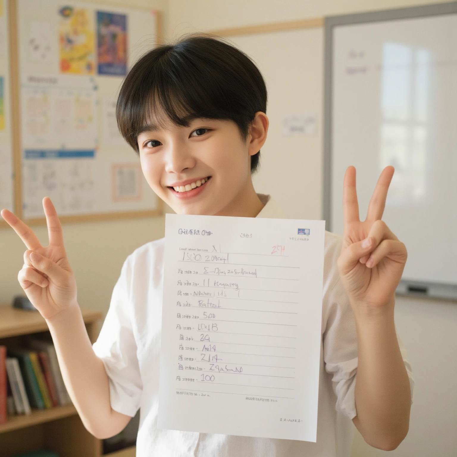 1 woman, she is holding a big signborad in front of her, short hair, smile, white t-shirt, simple background