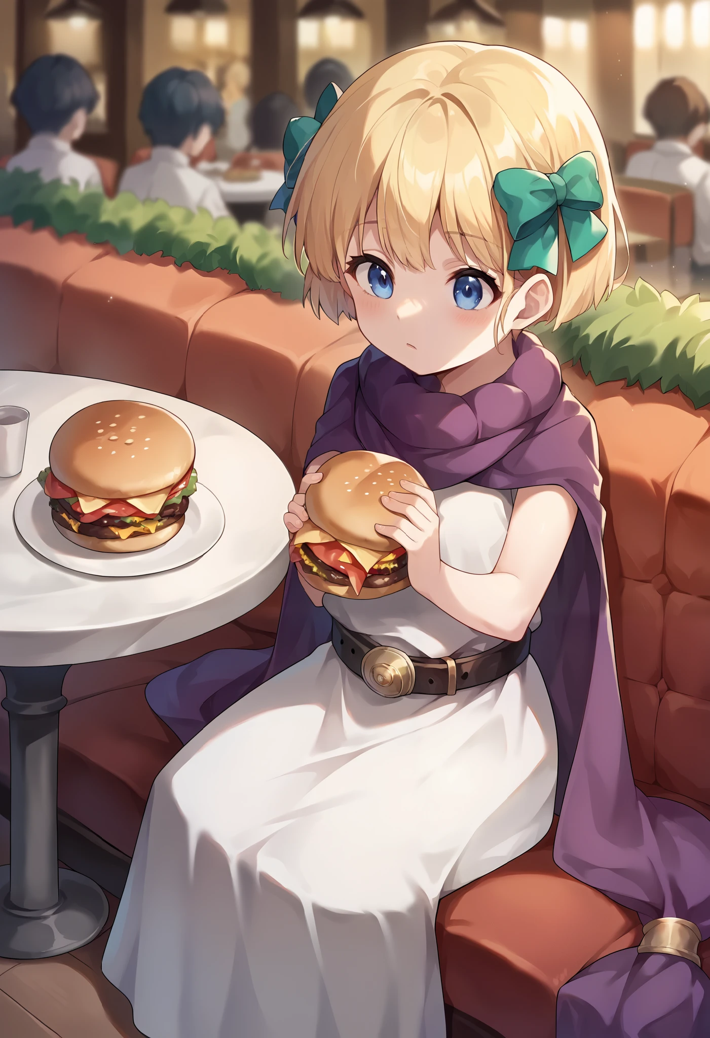 score_9, score_8_up, score_7_up, source_anime, masterpiece, 1 girl, Criantavita , blue eyes, sleeveless dress, belt, purple cape , sitting, restaurant, burger, depth of field,