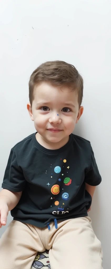 little kid (( two year old boy)) ((short brown hair)) ((greeneyes)) ((real photografic)) ((usando camiseta branca))