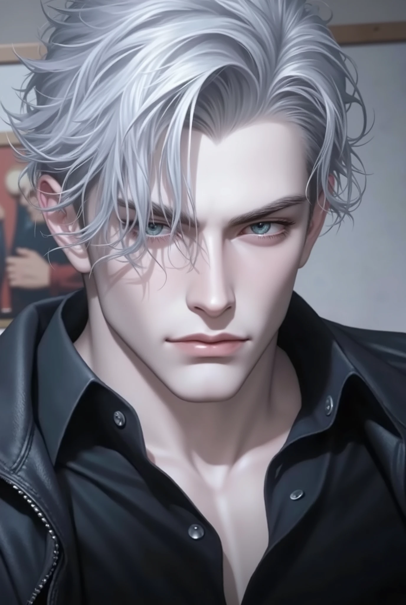Boy, silver hair, dark blue eyes, serious sharp features, light white skin, sharp nose, light pink lips, handsome, perfect, elegant, wearing a black sleeved shirt, a jeans jacket, a wall background with a picture of Kailua Zoldyk from Hunter x Hunter anime, high quality resolution, bright colors.