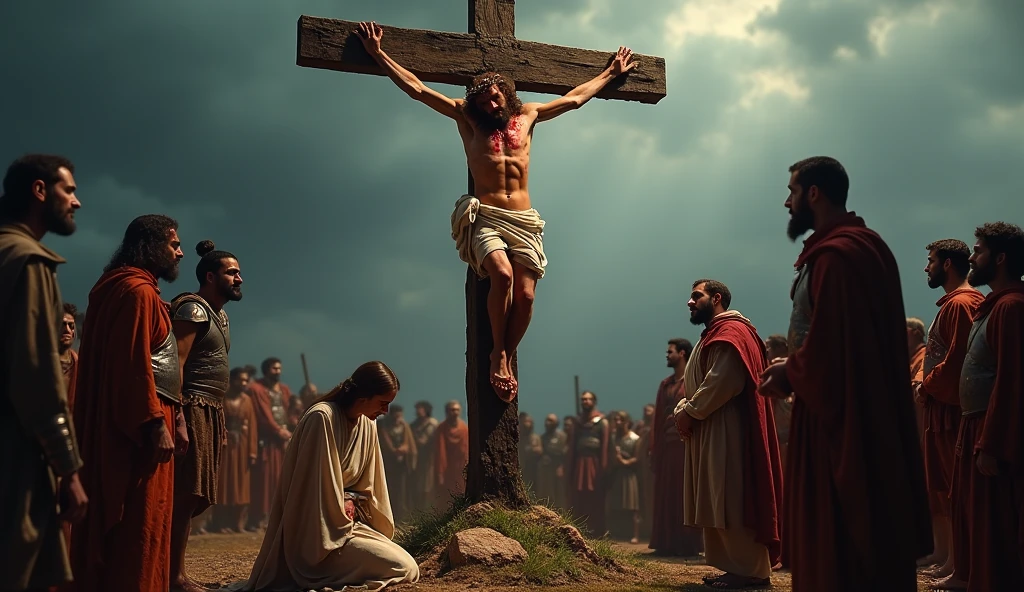 Depict the scene of Jesus wounded and crucified as it is written in the book of Luke 23