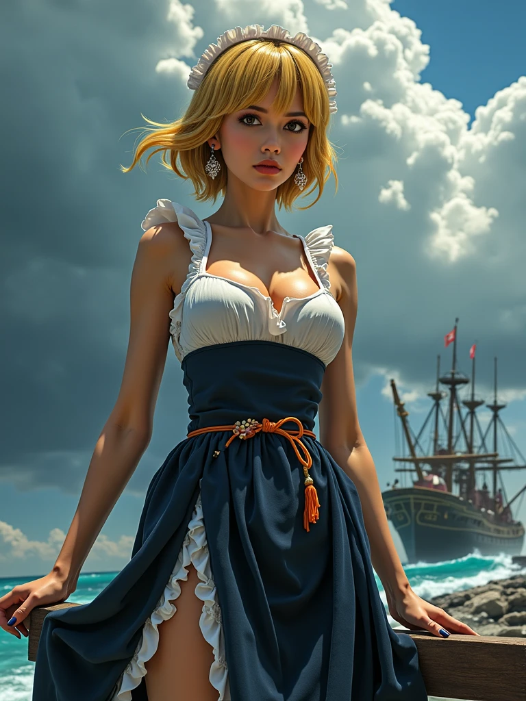 (ultra realistic,32k, masterpiece:1.2),(high detailed skin:1.1),( high quality:1.1),
<lora:klaudia_valentz:0.8>klaudia_valentz,raised eyebrow, long hair, braid, hairband, bare shoulders, pantyhose, skirt, bow, black pantyhose, cleavage, ribbon, hair bow, sunrise, beach horizon, tranquil morning, serene atmosphere, huge breast,large breast,fighting stance, <lora:add_detail:0.86>,
(backlight:1.1),