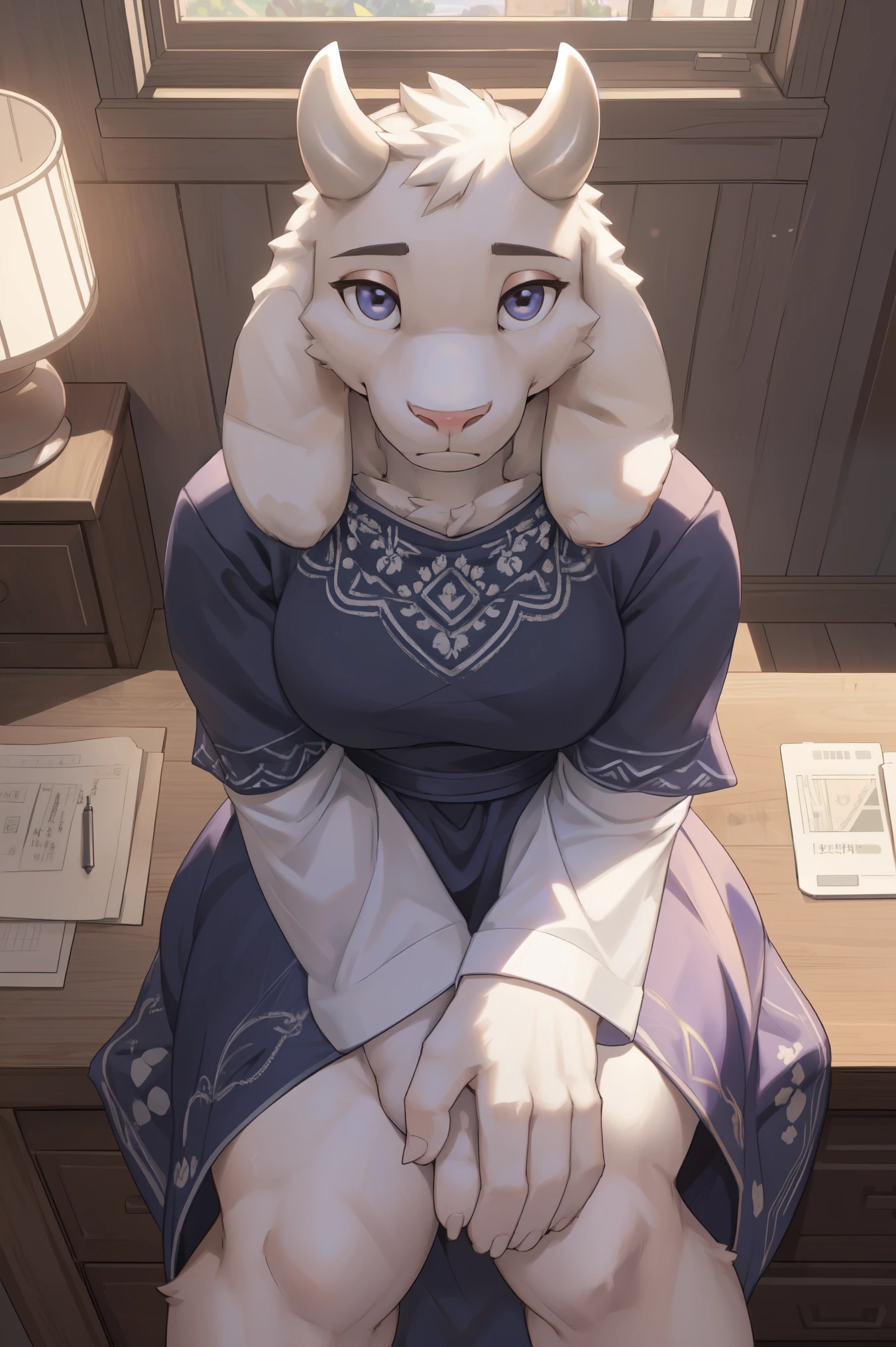 [toriel], [Undertale], [uploaded to e621.child; ( Pixel artist ), (wamu drawings), (work)], ((masterpiece)), ((High Definition)), ((high red )), ((portrait alone)), ((high angle view)), ((vista frontal)), (( waist up)), ((detailed skin)), ((detailed shading)), ((beautiful rendered illustration)), ((intricate details)), {anthropogenic goat , plump figure, white fur, white nose, ( short goat horns ), fluffy short tail , (curvilinear hips), ( beautiful legs), ( beautiful feet), (black expression)}, {( long purple dress ), (long white sleeves)}, {(tilted forward), ( spectator view ), (cowboy position)}, [ambient lighting, bedroom, lamp table, rays of light]