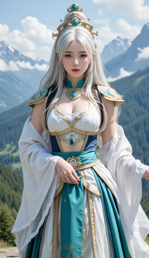 A beautiful anime elf girl in an isekai world, long white hair, milf body, detailed face, beautiful eyes, long eyelashes, elegant expression, detailed dress, ornate jewelry, glowing magical aura, fantasy landscape background, cinematic lighting, vibrant colors, digital painting, intricate details, photorealistic, masterpiece