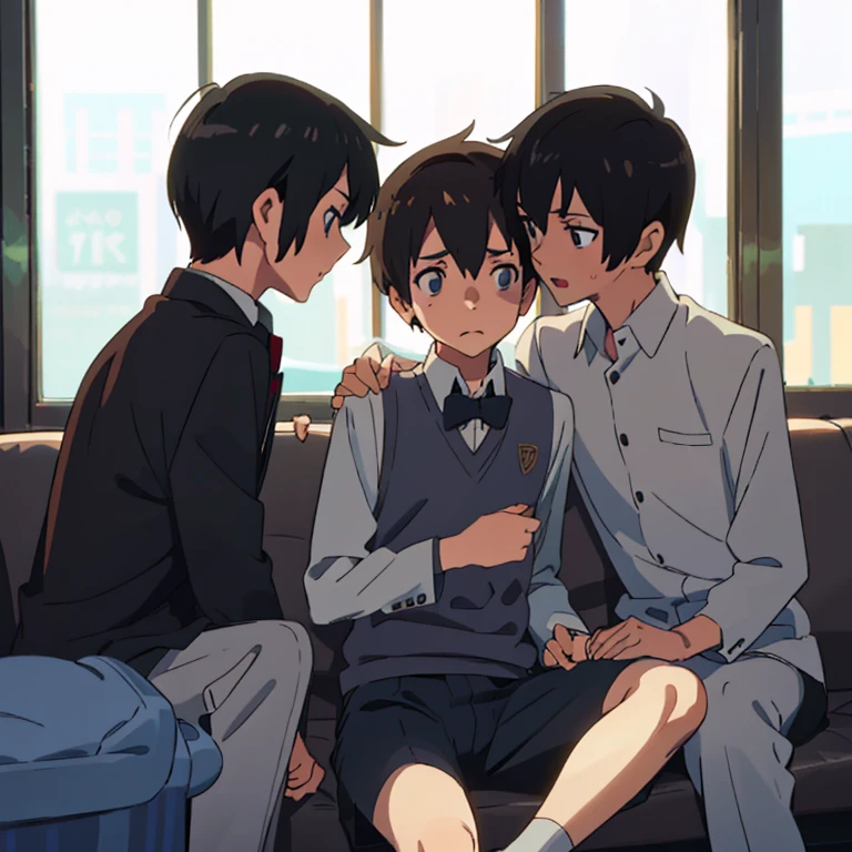 A naked middle-aged man stands facing a cute girl with modest pubic hair and black bob hair, who is trying to escape, with her eyes wide open and crying, struggling to get away, and then he hugs her, forcibly kisses her, and presses his crotch against hers.、classroom