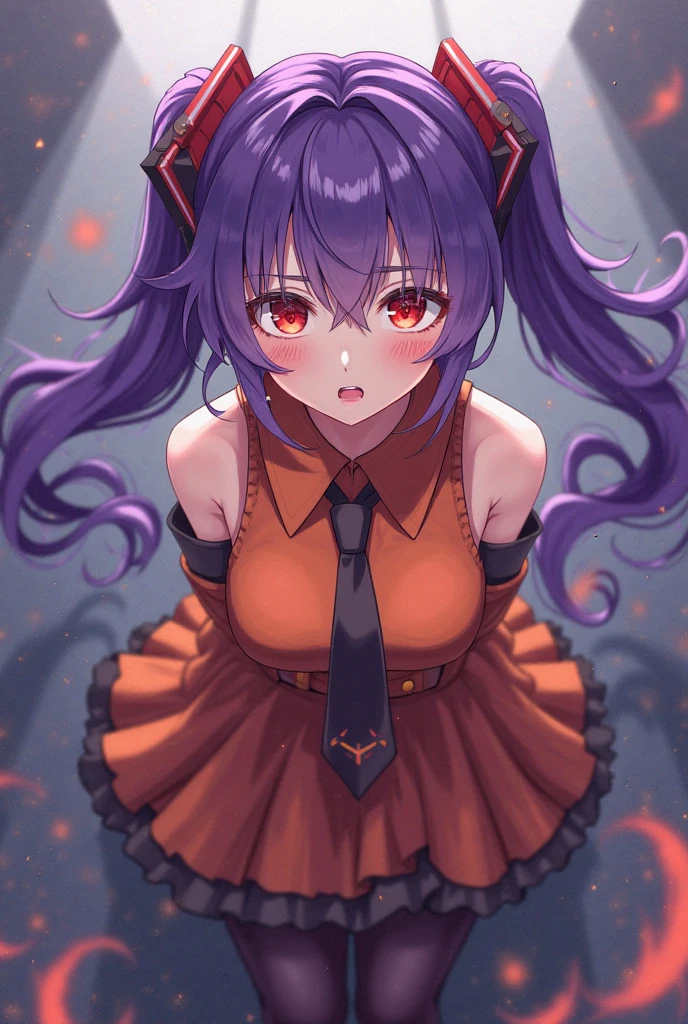 nm1, Cat lady, Cat lady \(Brother&#39;s Kitaro 6\)
Purple colored hair, yellow-eyed, Alone, Red dress, Red collar, hair pin, pointy ears, short detailed hair, white  shirt, longer sleeves, red bowtie, By bangs, 鎖骨, brooch, jewely, (Bare legged), 
(8K,  tmasterpiece, Best quality at best, ultra - detailed),
1个Giant Breast Girl, Alone, kawaii, cute big breasts, The eyes are large, Beautiful anime eyes, petty face,
on the floor on all fours,
Be red in the face, :3, cow boy shot,
the night,
looking at viewert,
