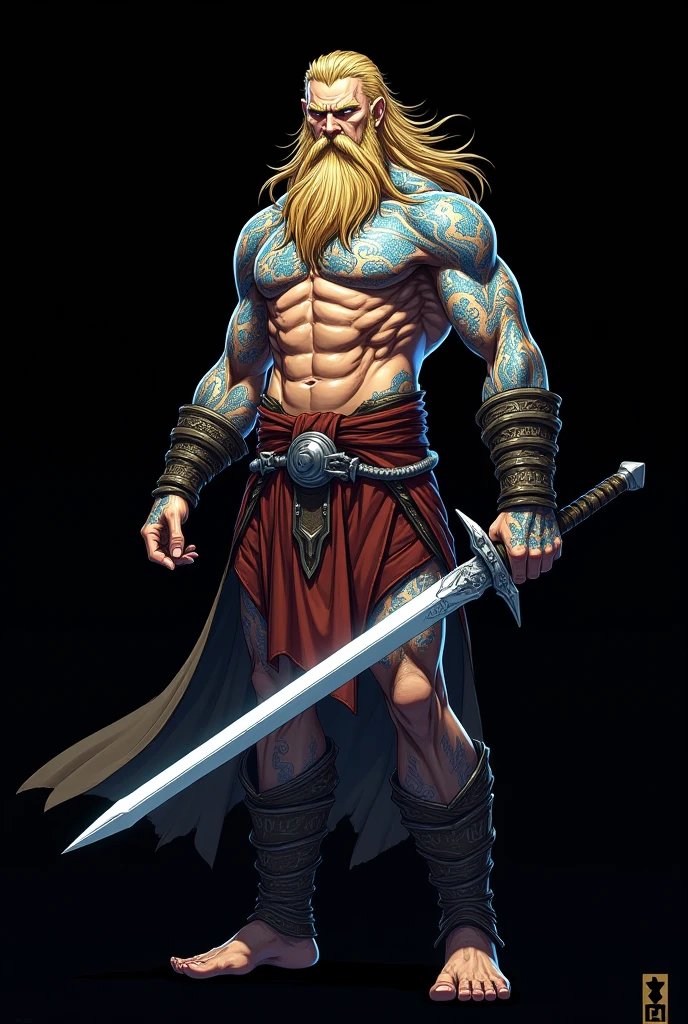 A muscular man with long blond hair wearing only gym shorts holding two purple swords
