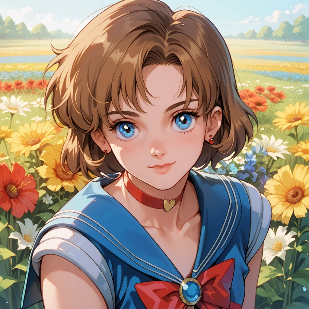 score_9, score_8_up, score_7_up, score_6_up,  Maxine Caulfield, Maxine_DE, brown hair, blue eyes, dressing a Sailor Moon costume, in a middle of a field of flowers, cute smile, closed mouth, aesthetic, 40s chill vibes, retro ilumination