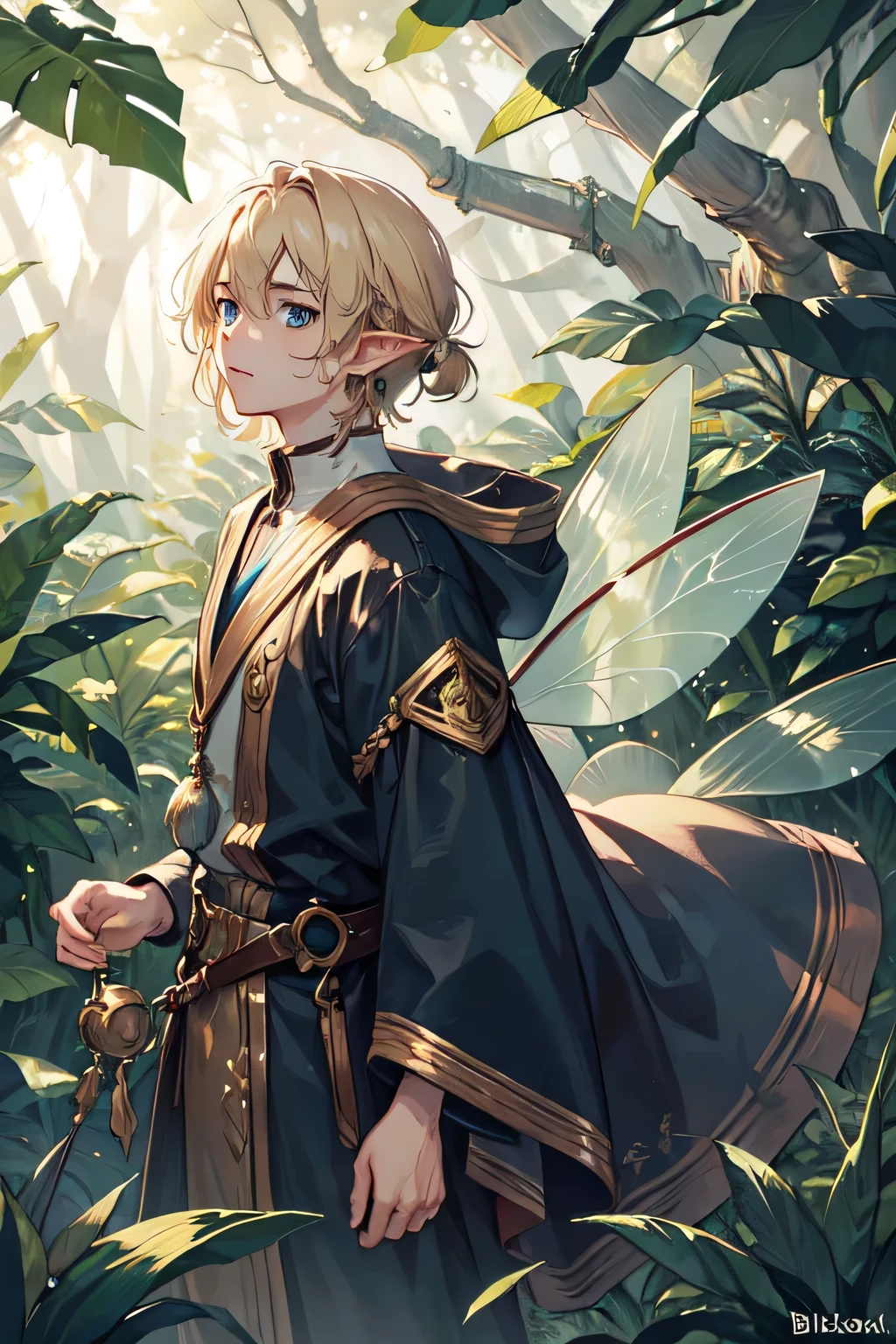 One young man, anime, 4K, masterpiece, chin-length blonde hair, pointed ears, hairy, fairy wings, tiny fairy, amongst the forest, surrounded by giant plants, as viewed from above, bishounen, one character, dark forest, surrounded by leaves larger than character, giant leaves in foreground, character walking through giant leaves, light blonde hair, dark blue eyes, freckles, short hair, wearing navy blue, wearing golden accessories, beautiful, cute, male, boy, male fairy, male pixie