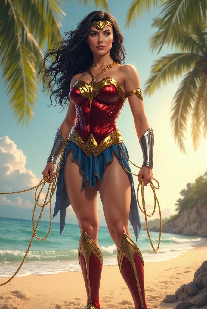 full body sexy beauty muscular 16 years old Wonder Girl, tall muscular, black long straight hair, blue eyes, red lips, Wonder Girl costume, Wonder Girl in combat position on the beach of a tropical island, lush vegetation, palm trees, bushes, ancient ruined city in the distance, fog, blurred shadows, photorealistic,