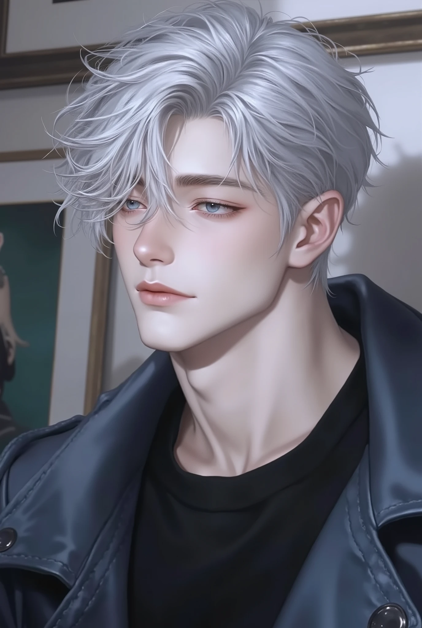 Boy, silver hair, dark blue eyes, serious sharp features, light white skin, sharp nose, light pink lips, handsome, perfect, elegant, wearing a black sleeved shirt, a jeans jacket, a wall background with a picture of Kailua Zoldyk from Hunter x Hunter anime, high quality resolution, bright colors.