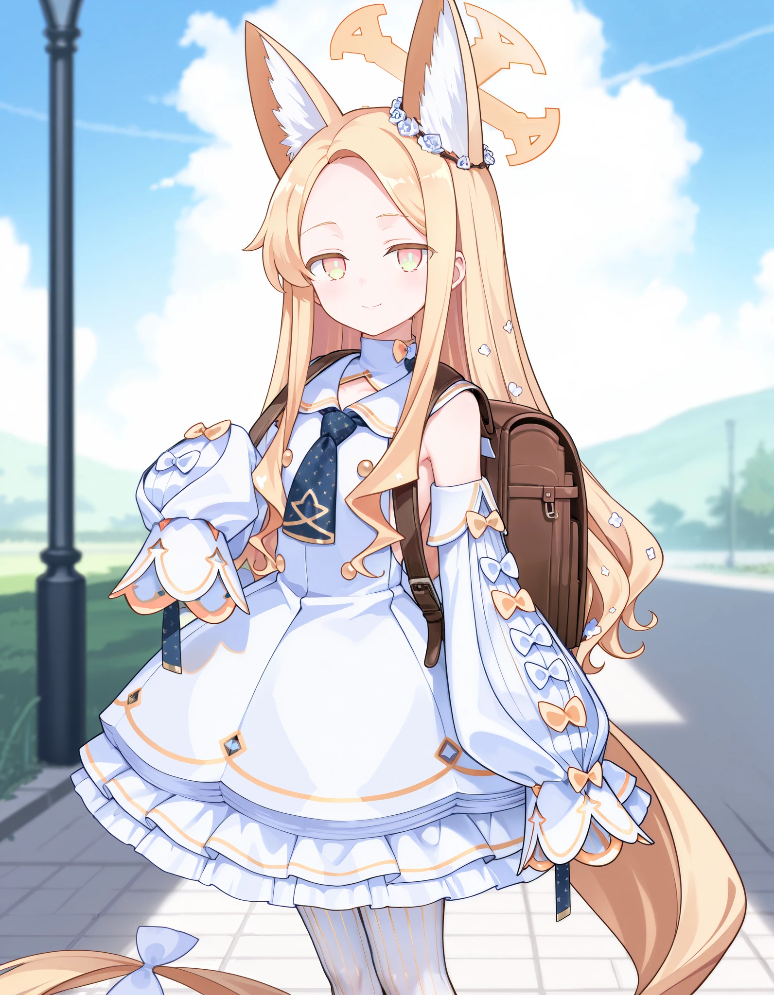 Masterpiece, hd, best quality, seia, yellow eyes, blonde hair, very long hair, fox ears, hair ornament, hair flower, halo, white dress, frilled dress, sleeveless dress, white sailor collar, blue necktie, detached sleeves, puffy sleeves, sleeves past wrists, sleeves past fingers, white pantyhose, smile, potrait, looking at viewer, standing, outdoor, wearing backpack, school backpack
