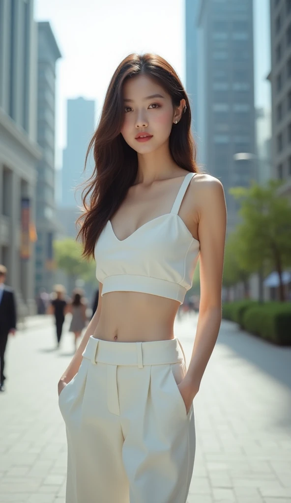 (masterpiece), a stunning photograph of korean girl model, full body, 8k, raw photo, looking at viewer, (highly detailed skin:1.2), small breasts, slim body, white hair, (photorealistic:1.4), school girl outfit, solo, jewelry, earrings, (looking at viewer), long hair, brown eyes, portrait, realistic, smile, makeup, city view
