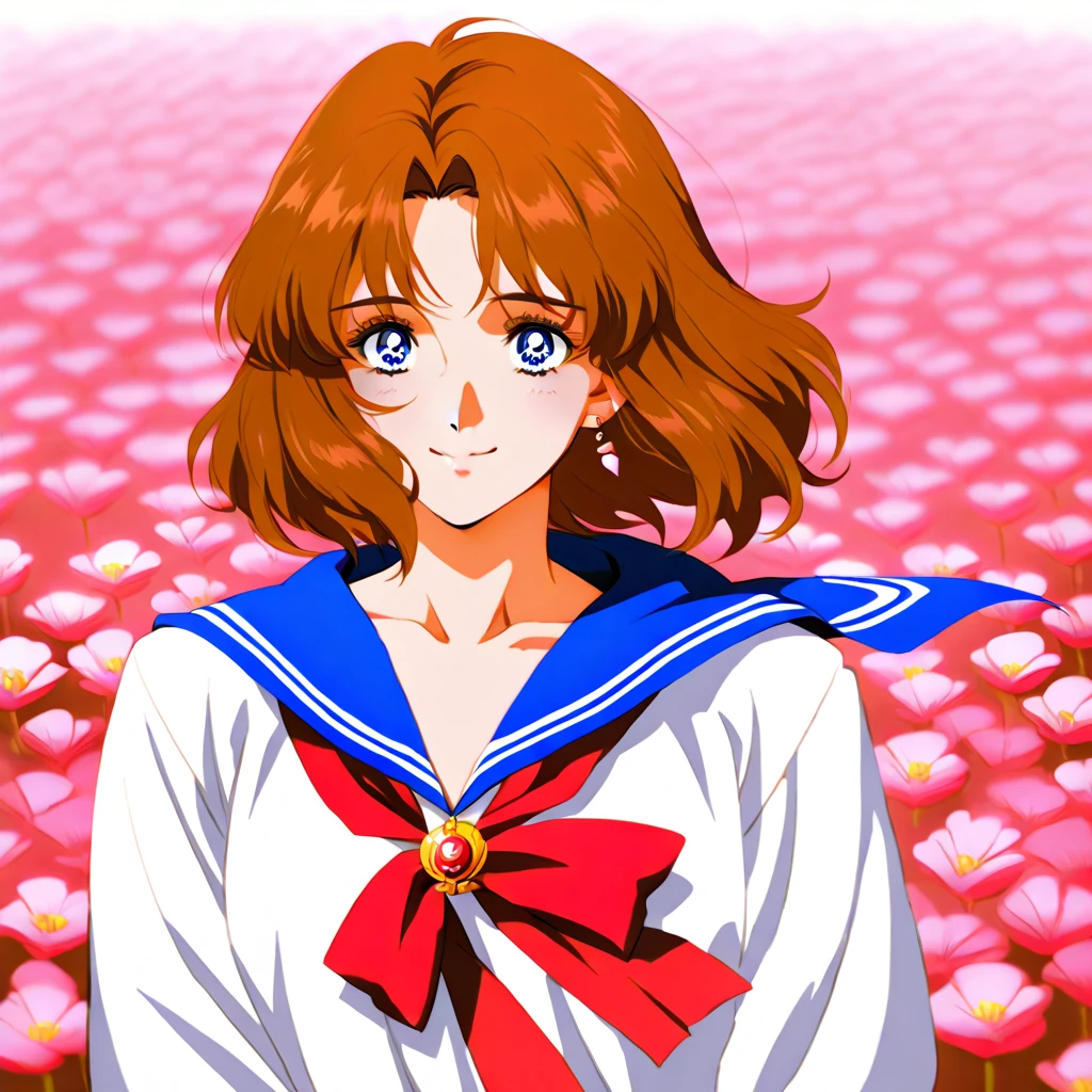 score_9, score_8_up, score_7_up, score_6_up,  Maxine Caulfield, Maxine_DE, brown hair, blue eyes, dressing a Sailor Moon costume, in a middle of a field of flowers, cute smile, closed mouth, aesthetic, 40s chill vibes, retro ilumination
